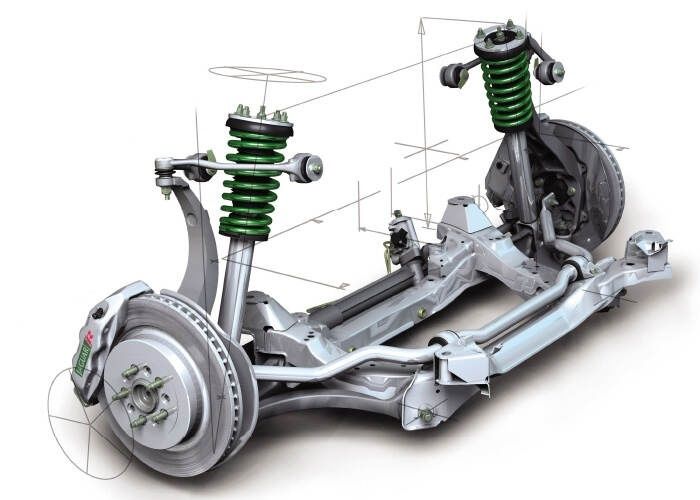 Illustrated front suspension assembly with coilovers, brakes, and steering links