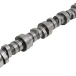 Metallic engine camshaft with multiple lobes on a white background