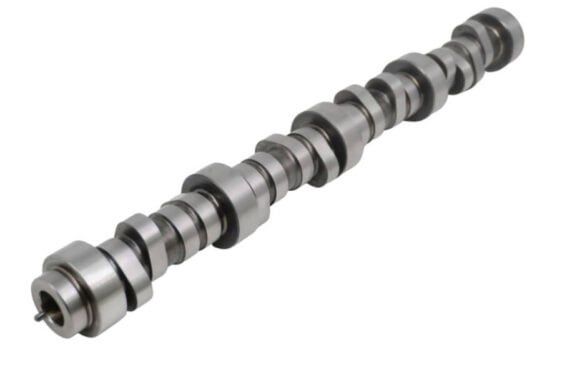 Metallic engine camshaft with multiple lobes on a white background